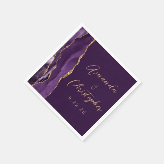 Serviette En Papier Agate Purple Gold Script Plum Mariage (Coin)