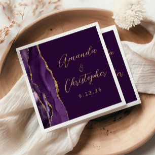 Serviette En Papier Agate Purple Gold Script Plum Mariage