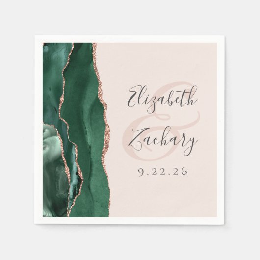 Serviette En Papier Agate Script Emerald Green Rose Gold Blush Mariage (Devant)