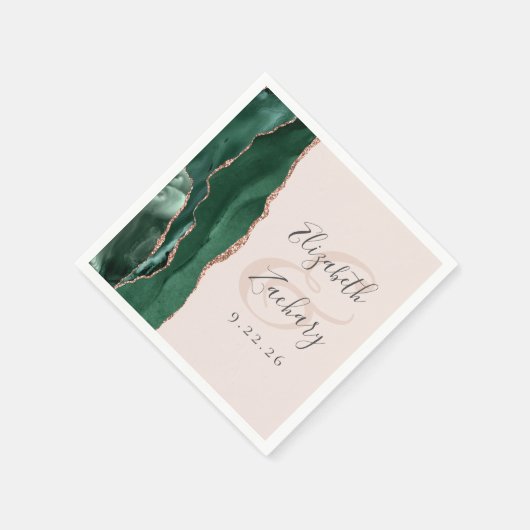 Serviette En Papier Agate Script Emerald Green Rose Gold Blush Mariage (Coin)