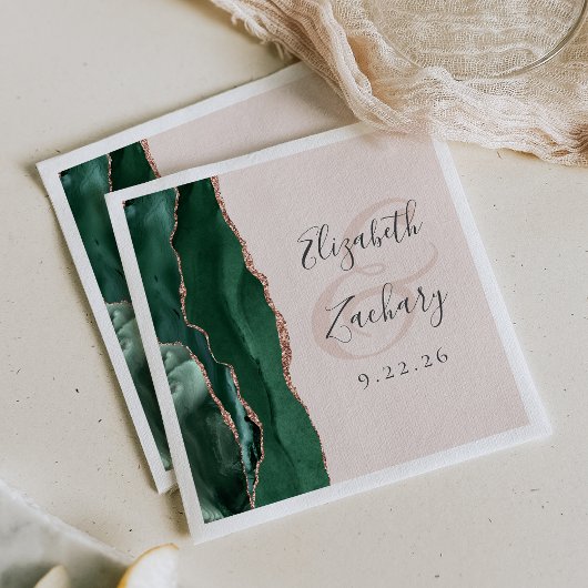 Serviette En Papier Agate Script Emerald Green Rose Gold Blush Mariage