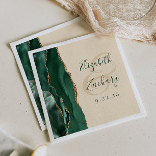 Serviette En Papier Agate Script Émeraude Vert Or Champagne Mariage
