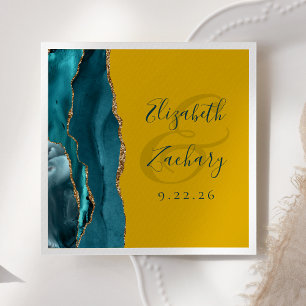 Serviette En Papier Agate Script Turquoise or moutarde Jaune Mariage