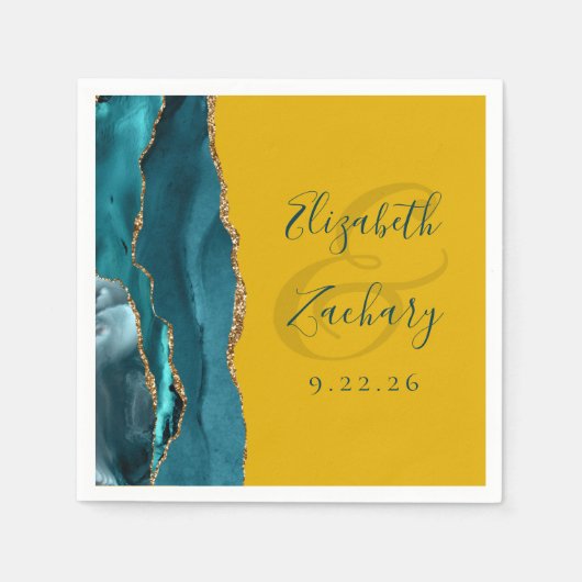Serviette En Papier Agate Script Turquoise or moutarde Jaune Mariage (Devant)