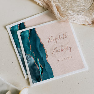 Serviette En Papier Agate Script Turquoise Rose Gold Blush Mariage