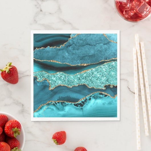 Serviette En Papier Agate Turquoise Blue Gold Parties scintillant Marb (En situation)