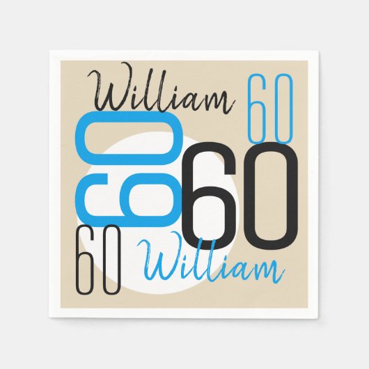 Serviette En Papier Âge et nom 60e anniversaire Bleu Beige (Devant)