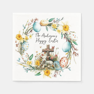 Serviette En Papier Agneau à croix I oeufs et fleurs Pâques