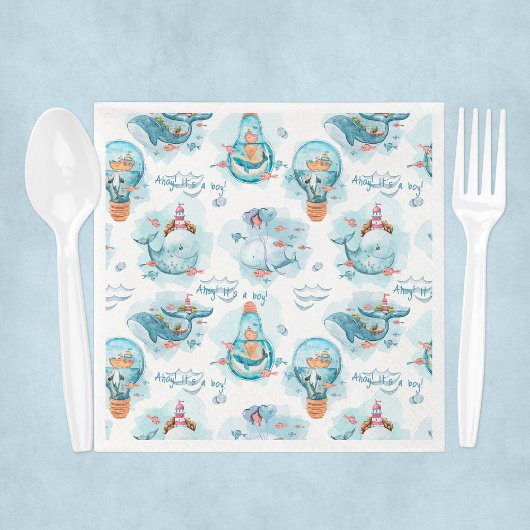 Serviette En Papier Ahoy C'est un garçon Baby shower baleine Invité