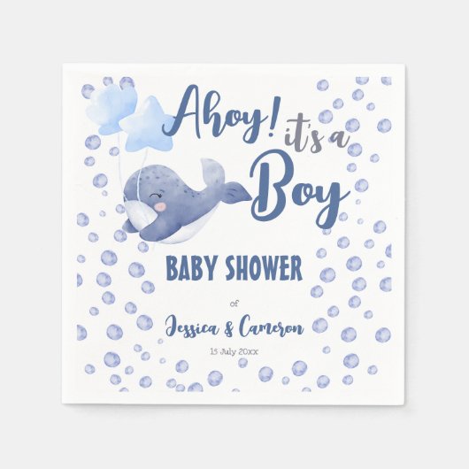Serviette En Papier Ahoy c'est un garçon baby shower bleu baleine cout (Devant)