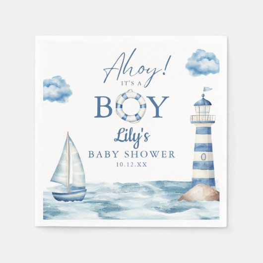 Serviette En Papier Ahoy C'Est Un Garçon Baby shower Nautique (Devant)