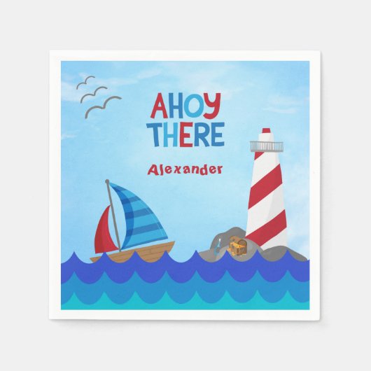 Serviette En Papier "Ahoy There" Nautical Sailboat Lighthouse Treasure (Devant)