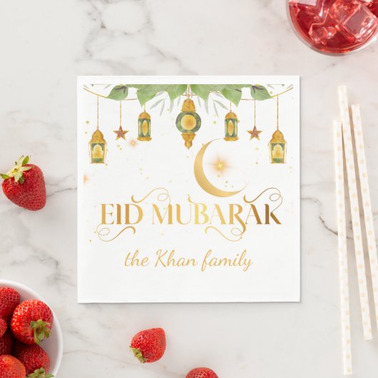 Serviette En Papier Aïd Moubarak Custom Gold Lanternes blanches + Lune (En situation)