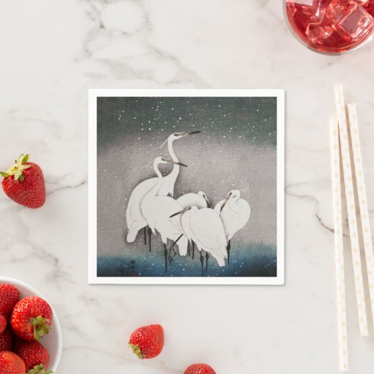 Serviette En Papier Aigrettes japonaises Grues Koson Neige d'hiver (En situation)