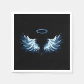 Serviette En Papier Ailes d'ange lumineuses bleues sur fond noir (Devant)