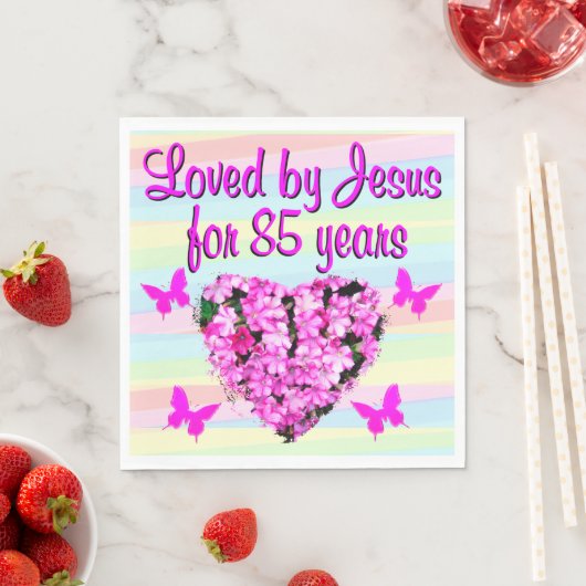 SERVIETTE EN PAPIER AIMÉ PAR JÉSUS 85E ANNIVERSAIRE FLORAL NAPKINS (En situation)