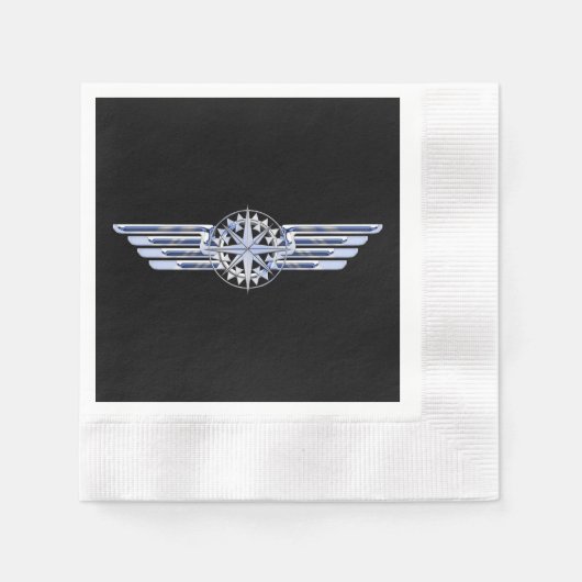 Serviette En Papier Air Pilote Chrome comme ailes Compass sur noir (Devant)