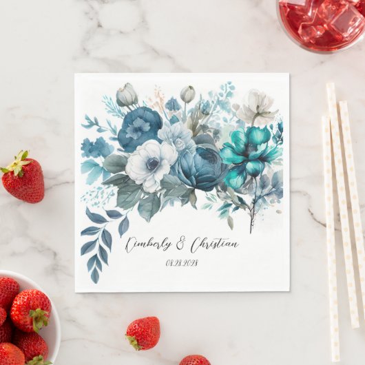 Serviette En Papier Airy Blue et Turquoise Peony Rustic Mariage (En situation)