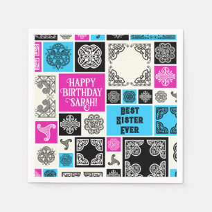 Serviette En Papier Ajouter Nom & Relation Anniversaire Magenta & Bleu