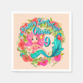 Serviette En Papier Ajouter un nom Age Rose Sirène Blue Tail Anniversa (Devant)