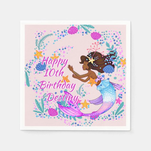 Serviette En Papier Ajouter un nom Texte Mermaid Pink Mauve Aqua Party (Devant)