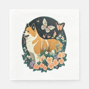 Serviette En Papier Akita Chien avec Fleur et T-shirt Papillon