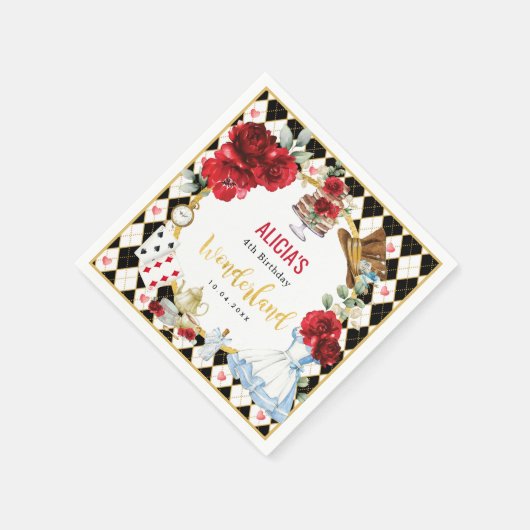 Serviette En Papier Alice au pays des merveilles Fleurs rouges Fleurs  (Coin)