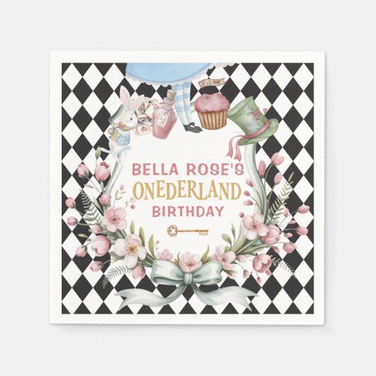 Serviette En Papier Alice in Wonderland Flower Frame  1st birthday (Devant)