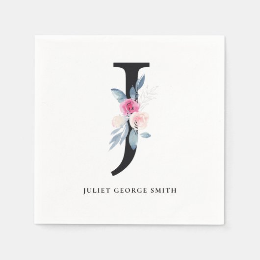 SERVIETTE EN PAPIER ALPHABÈTES FLORAUX BLANCS BLANCS BLEUS DOUX LETTRE (Devant)