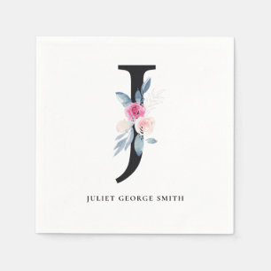 SERVIETTE EN PAPIER ALPHABÈTES FLORAUX BLANCS BLEUS DOUX J