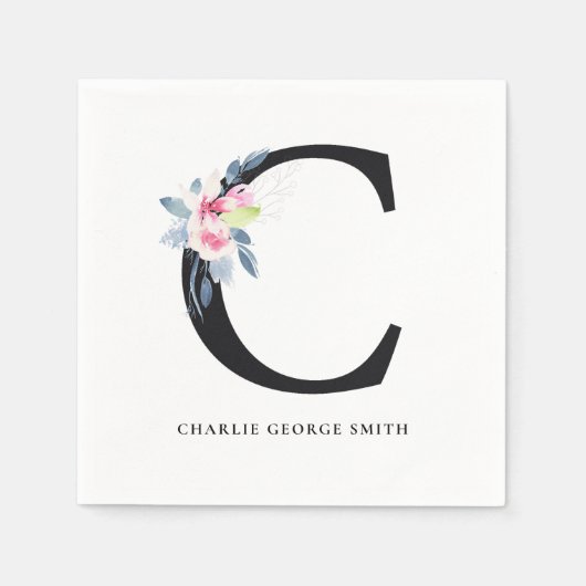 SERVIETTE EN PAPIER ALPHABÈTES FLORAUX BLEU BLEU DOUX LETTRE C (Devant)