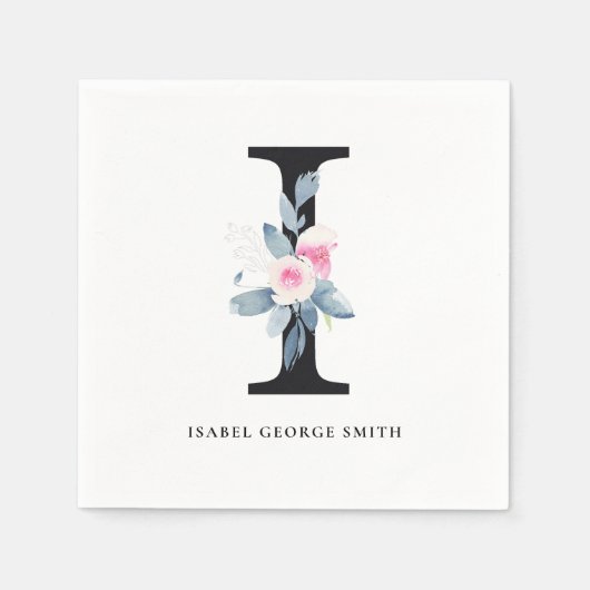 SERVIETTE EN PAPIER ALPHABÈTES FLORAUX BLEU BLEU DOUX LETTRE I (Devant)