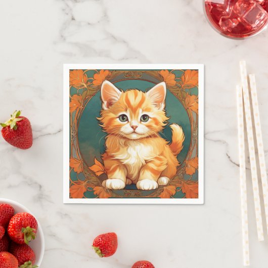 Serviette En Papier Alphonse Mucha Style Chat orange (En situation)
