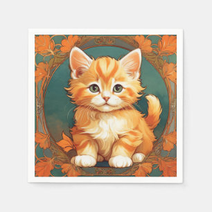 Serviette En Papier Alphonse Mucha Style Chat orange