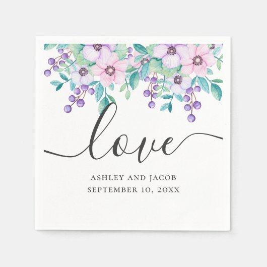 Serviette En Papier Amour. Aquarelle violet et rose mariage floral (Devant)