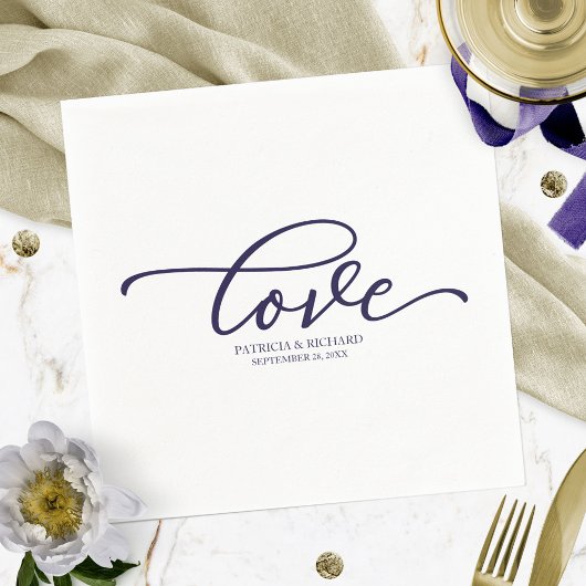 Serviette En Papier Amour - Chic Mariage Minimaliste Écriture Bleu Nui