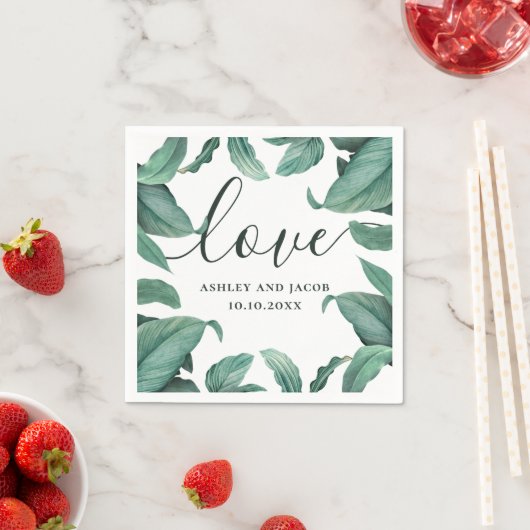 Serviette En Papier Amour. Écriture de mariage tropicale à l'aquarelle (En situation)