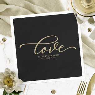 Serviette En Papier Amour - Écriture dorée Mariage minimaliste noir