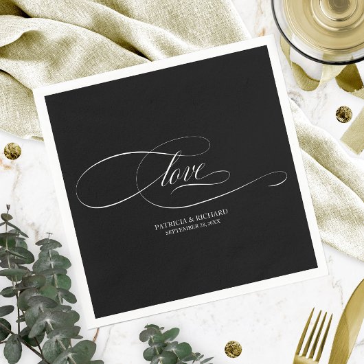 Serviette En Papier Amour - Élégant Mariage noir et blanc