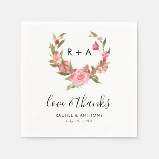 Serviette En Papier Amour et merci Boho Monogram Mariage Dusty Rose (Devant)
