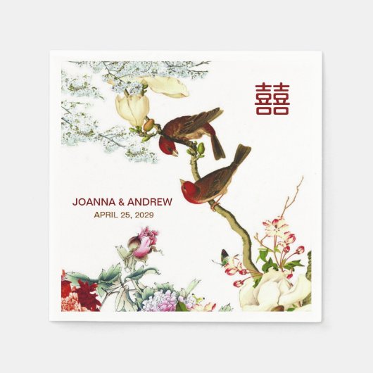 Serviette En Papier Amour Flourissant Oiseaux & Fleurs Mariage chinois (Devant)