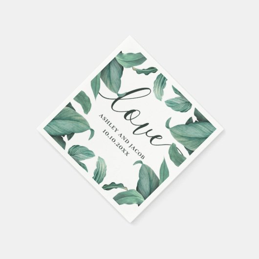 Serviette En Papier Amour. Mariage de script de verdure tropicale aqua (Coin)