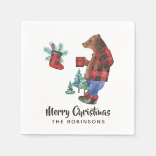 Serviette En Papier Amusants Buffalo Plaid Bear Fête de Noël