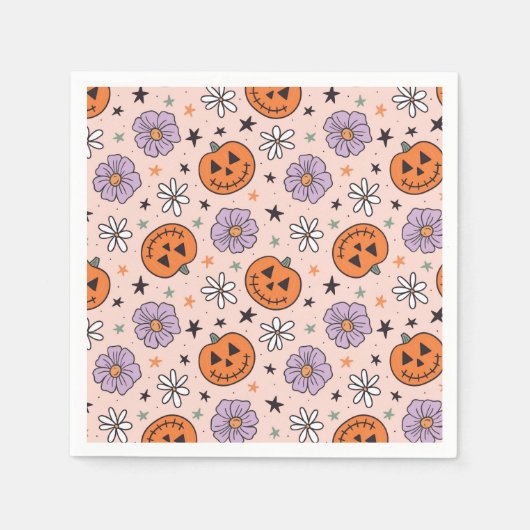 Serviette En Papier Amusants Citrouilles d'Halloween et Fleurs Motif (Devant)