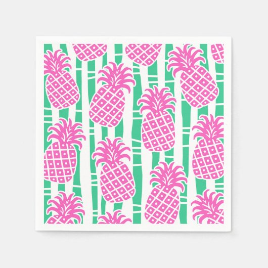 Serviette En Papier Ananas Bambou rayures rose et Motif vert (Devant)