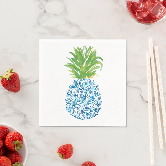 Serviette En Papier Ananas Chinoiserie Bleu Blanc Preppy (En situation)