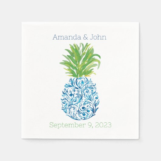 Serviette En Papier Ananas Chinoiserie Bleu Blanc Preppy Mariage (Devant)