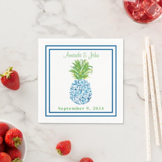 Serviette En Papier Ananas Chinoiserie Bleu frontière Preppy Mariage (En situation)