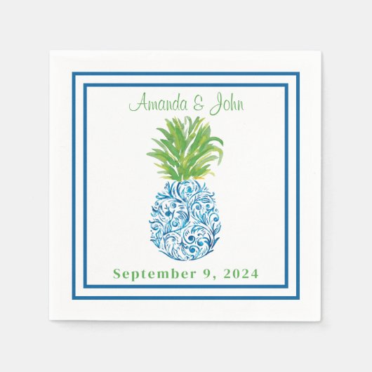 Serviette En Papier Ananas Chinoiserie Bleu frontière Preppy Mariage (Devant)