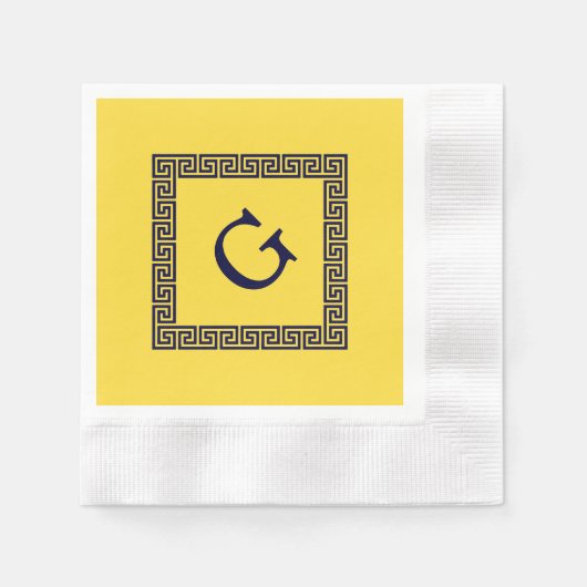 Serviette En Papier Ananas, Clé grecque bleue marine #1 Monogramme enc (Devant)